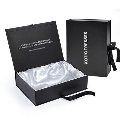 Custom High End Black Magnetic Box Clothing Cardboard Gift Packet Box Human Hair Packaging Box With Satin Silk