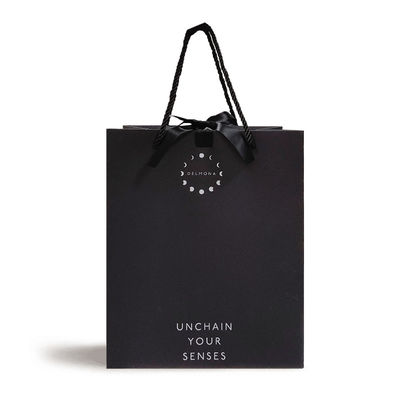 Custom Design Luxury Black Matte Thick Paper Clothing Packaging Gift Shopping Bag With Logo Ribbon And Handle