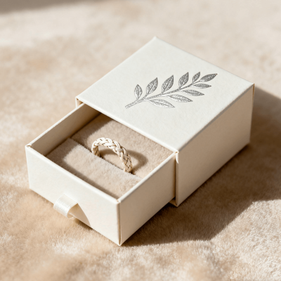 Vintage Luxury Custom Logo Ring Boxes Ivory Board with Sponge Velvet Lining Stamping Varnishing UV Coating Printing Handling