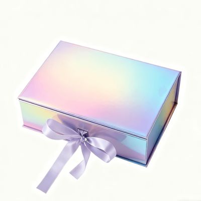 Deluxe Holographic Flip Top Magnetic Lid Gift Packaging Box Beautiful With Ribbon Recycled Materials For Socks