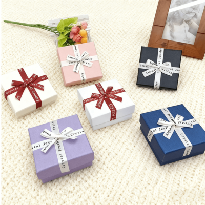 Custom Jewelry Packaging English Bow Ribbon Heaven Earth Square Box Elegant Carton Cover for Earrings Rings Boxes