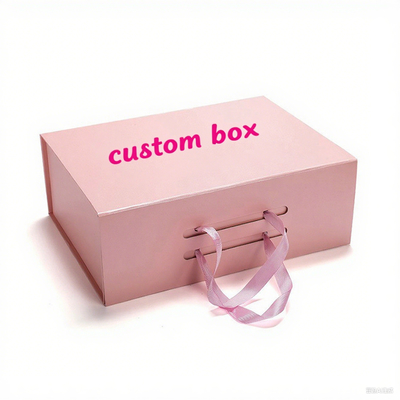 Luxury Pink printed Magnetic Gift Boxes with Ribbon Handle - Custom Logo Rigid Cardboard Packaging for Clothing