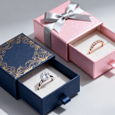 Vintage Luxury Custom Logo Ring Boxes Ivory Board with Sponge Velvet Lining Stamping Varnishing UV Coating Printing Handling